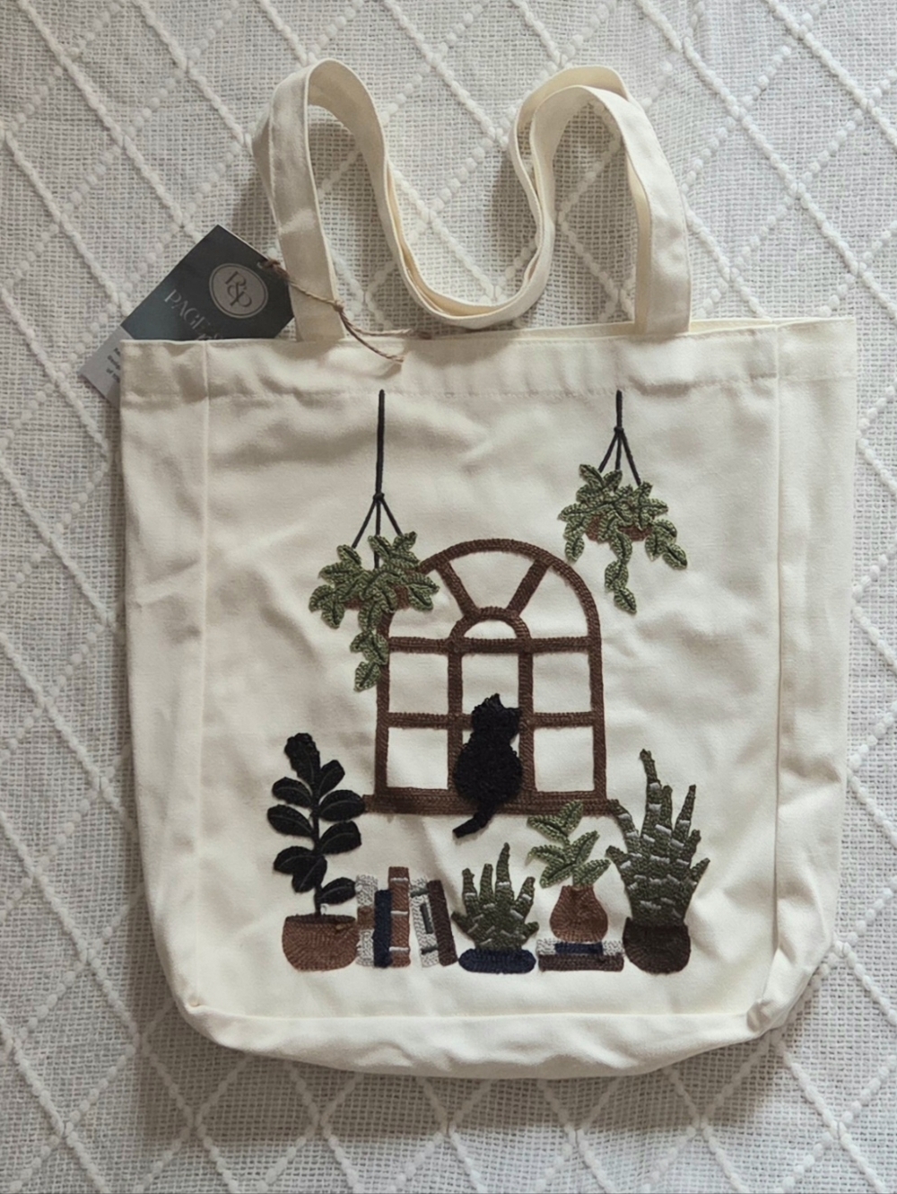 Page And Petal Cat Plants Books Window Reusable Embroidered Cotton Tote Satchel
